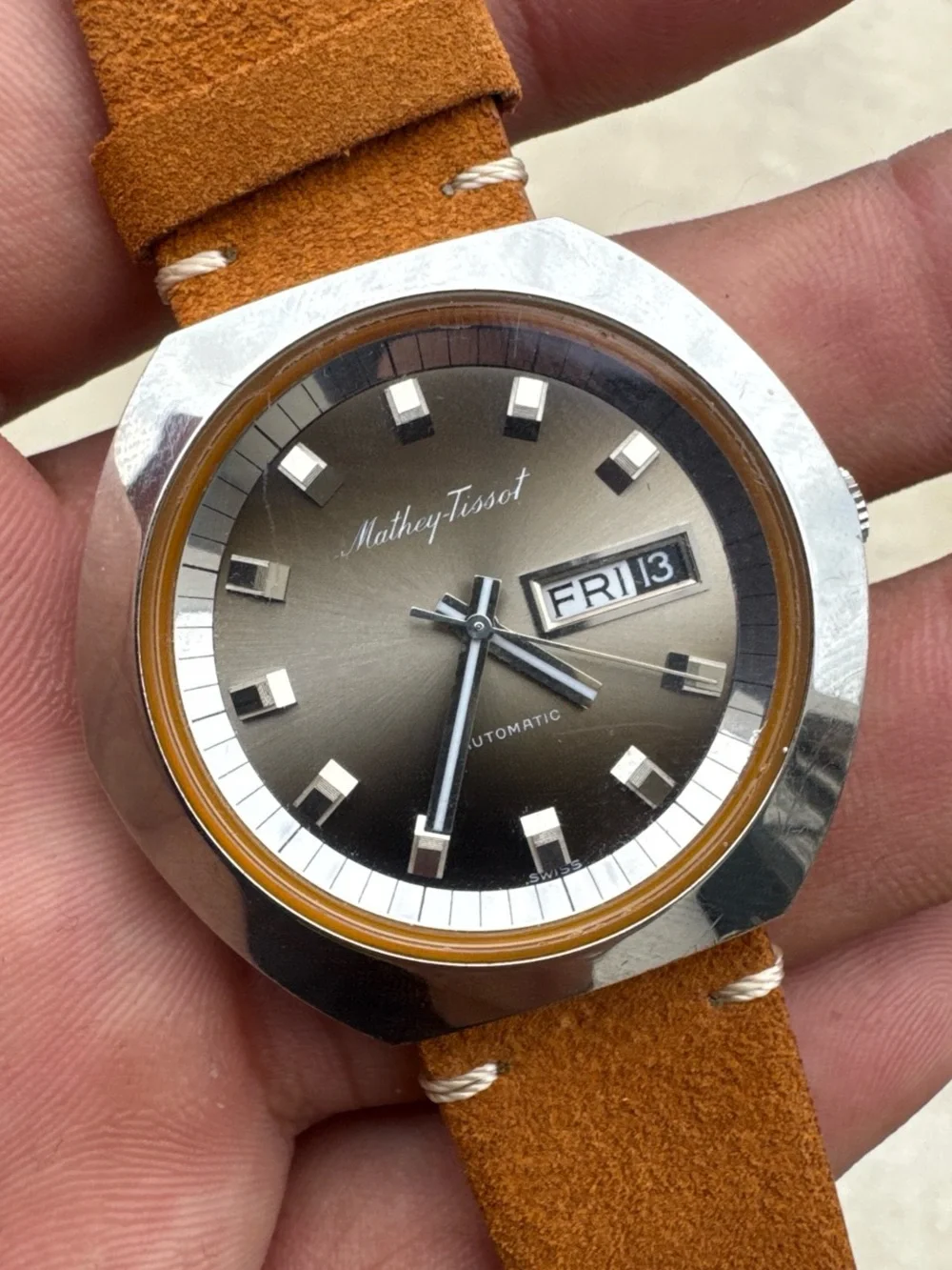 Mathey Tissot automatic Day Date watch with brown leather strap